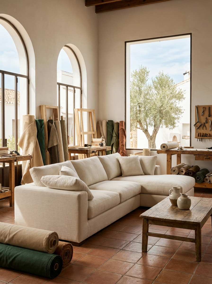 Sofá de tela crema tapizado por Sofás Home en un salón luminoso