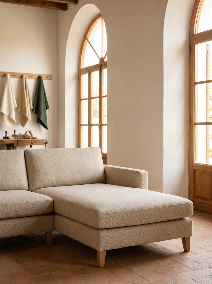 Sofá chaise longue de tela beige fabricado a medida