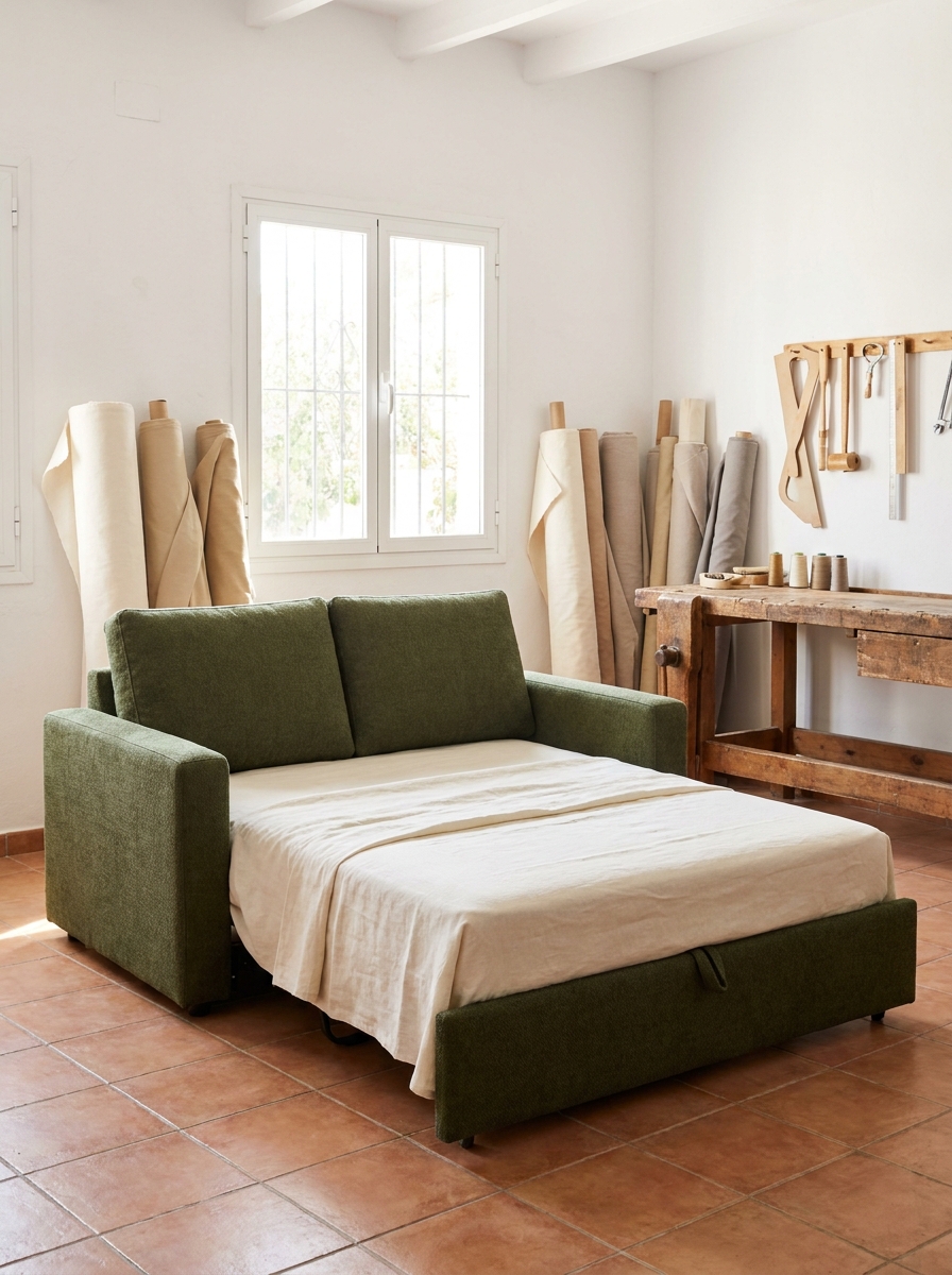 Sofá cama de dos plazas en tela verde