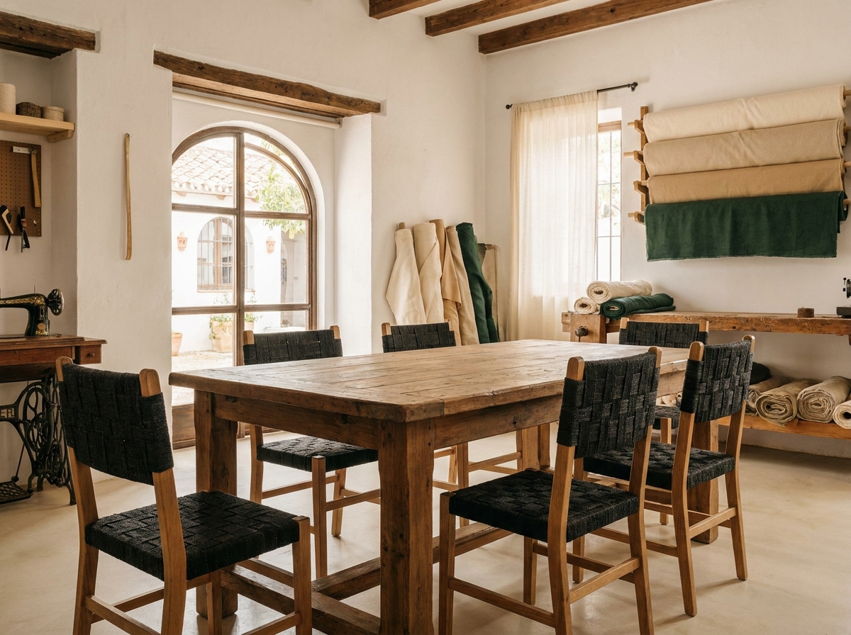 Sillas de comedor renovadas alrededor de una mesa de madera